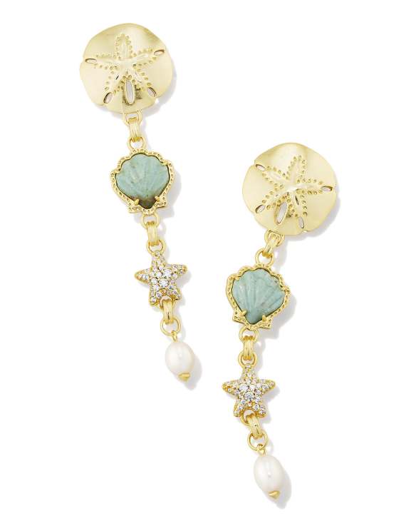 Brynne Gold Shell Linear Earrings in Sea Green Chrysocolla