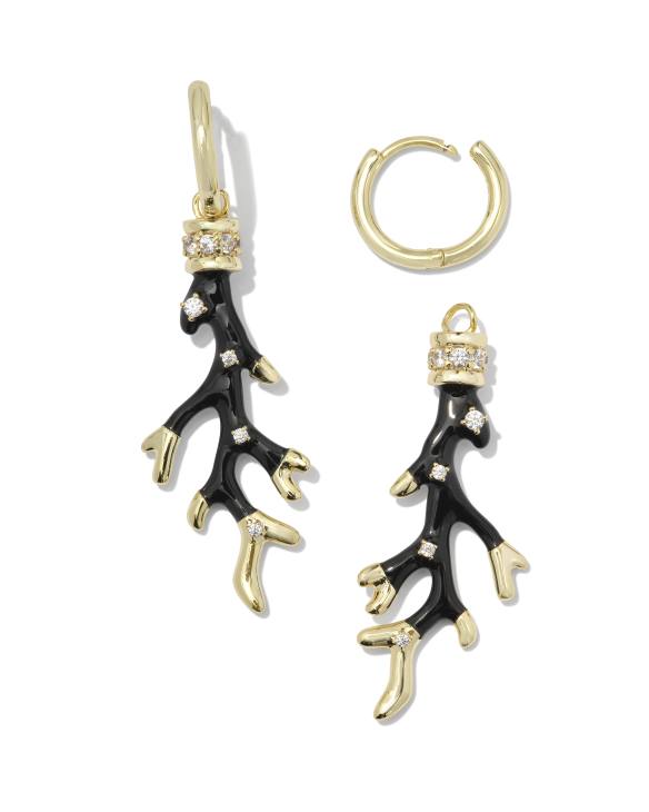 Shea Convertible Gold Huggie Earrings in Black Enamel