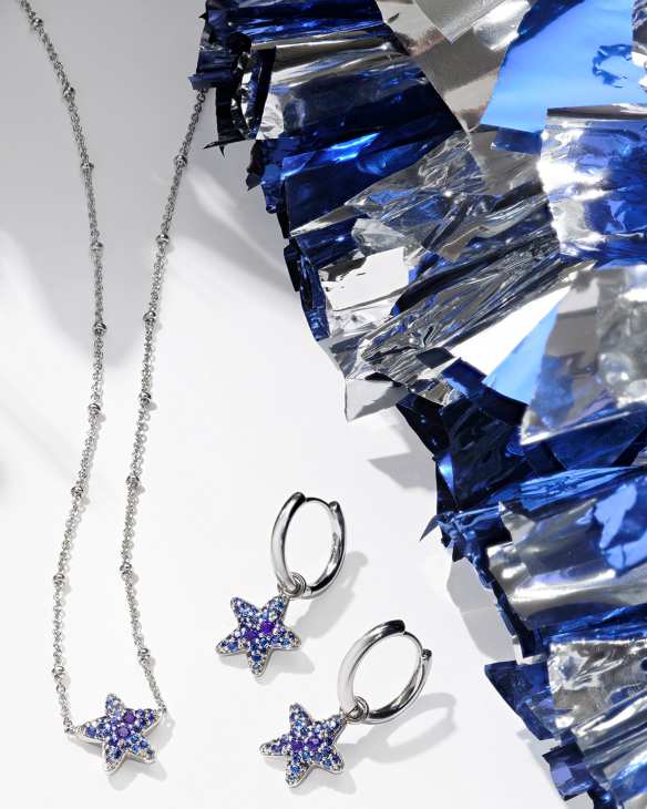 Jae Convertible Silver Star Pave Huggie Earrings in Blue Crystal