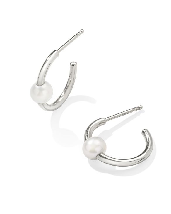 Emmaline Sterling Silver Huggie Earrings in White Pearl