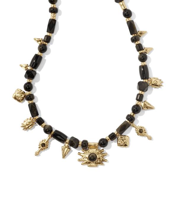 Shera Vintage Gold Beaded Charm Necklace in Golden Obsidian