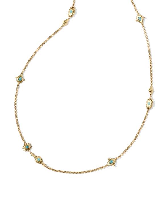 Shera Vintage Gold Long Strand Necklace in Teal Mix