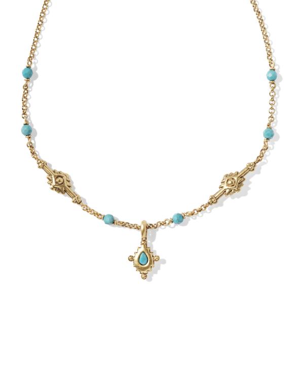 Shera Vintage Gold Short Pendant Necklace in Variegated Dark Teal Magnesite