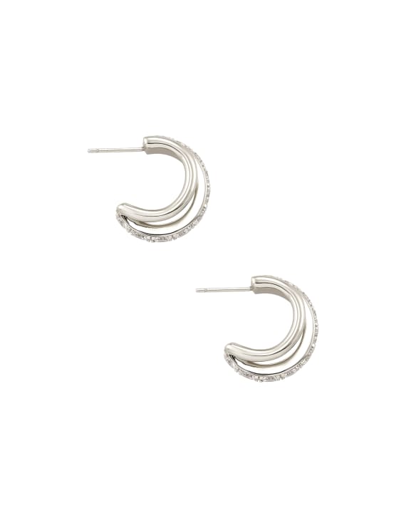 Livy Silver Huggie Earrings in White Crystal