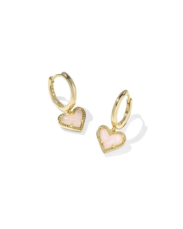 Ari Heart Gold Huggie Earrings in Rose Quartz