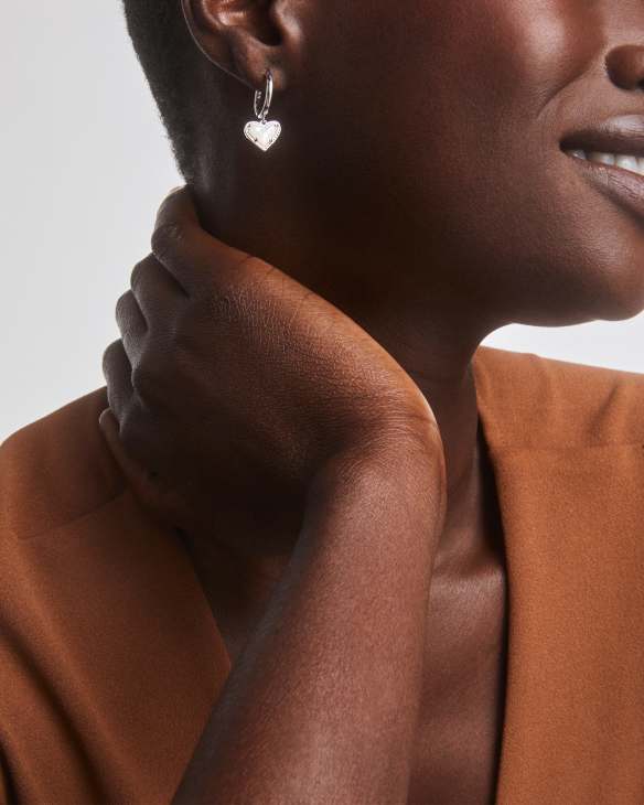 Ari Heart Silver Huggie Earrings in Ivory Mother-of-Pearl