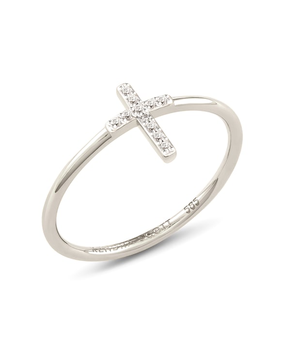 Cross 14k White Gold Band Ring in White Diamond