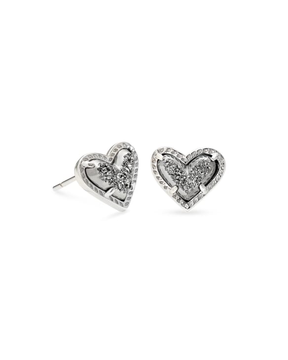 Ari Heart Silver Stud Earrings in Platinum Drusy