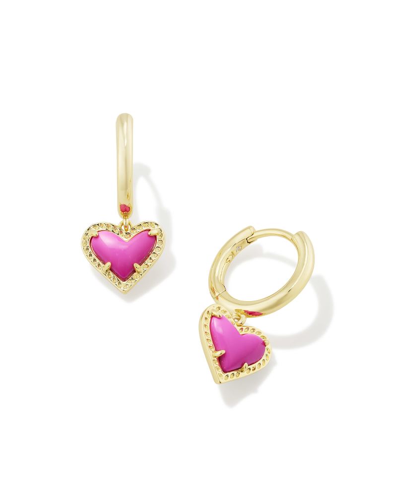 Ari Heart Gold Huggie Earrings Neon Pink Magnesite