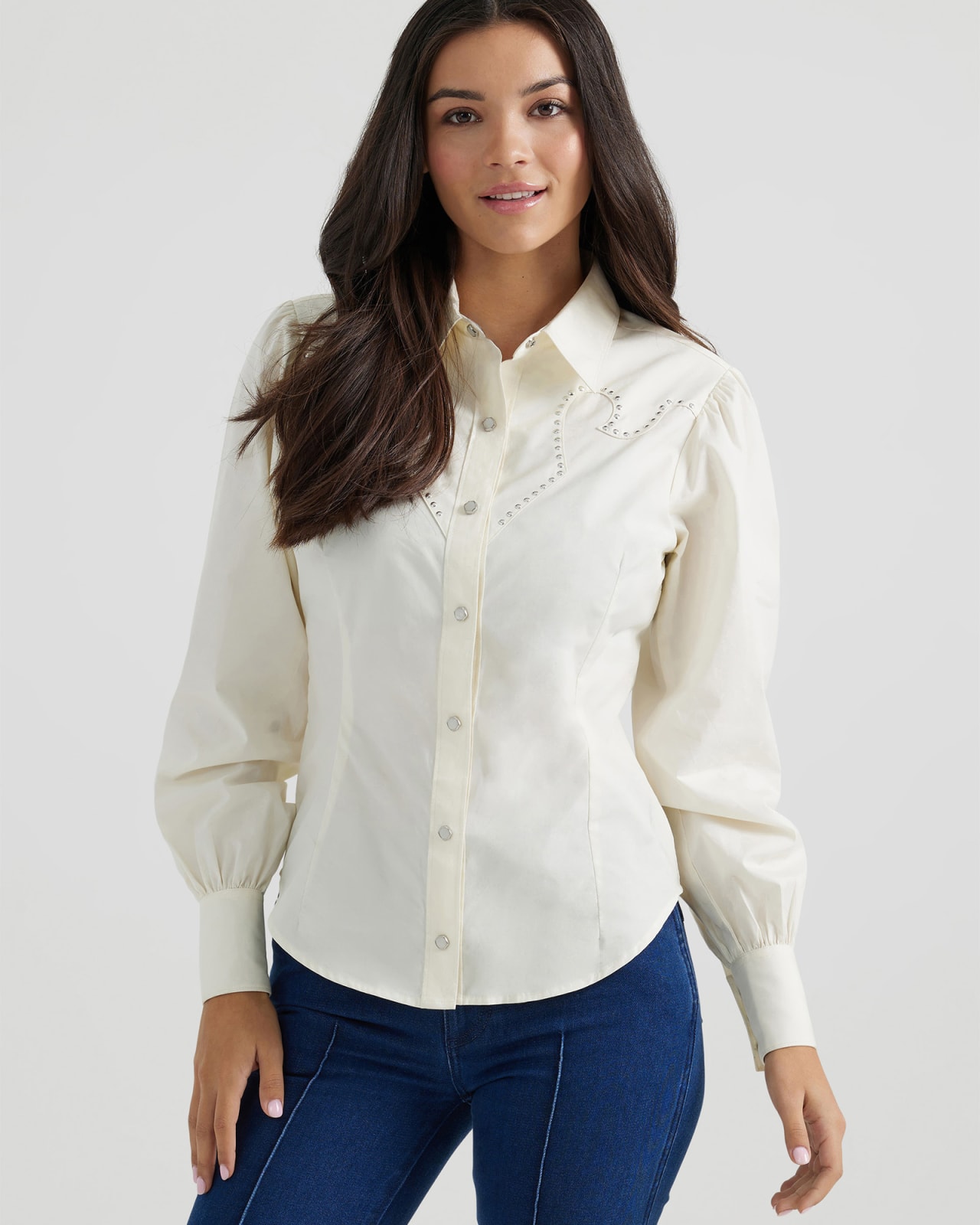 Wrangler® x Yellow Rose by Kendra Scott Puff Sleeve Rodeo Shirt in Vanilla Ice image number 0