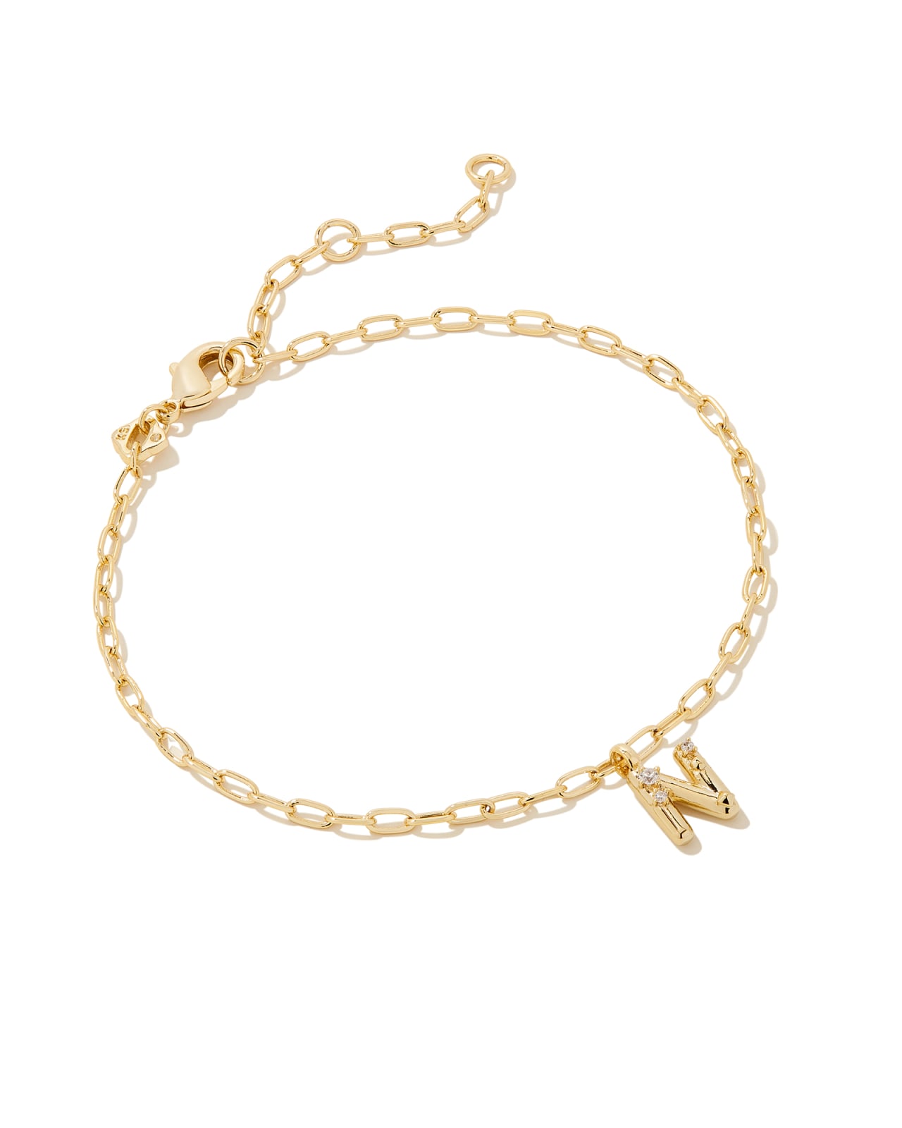 Crystal Letter N Gold Delicate Chain Bracelet in White Crystal