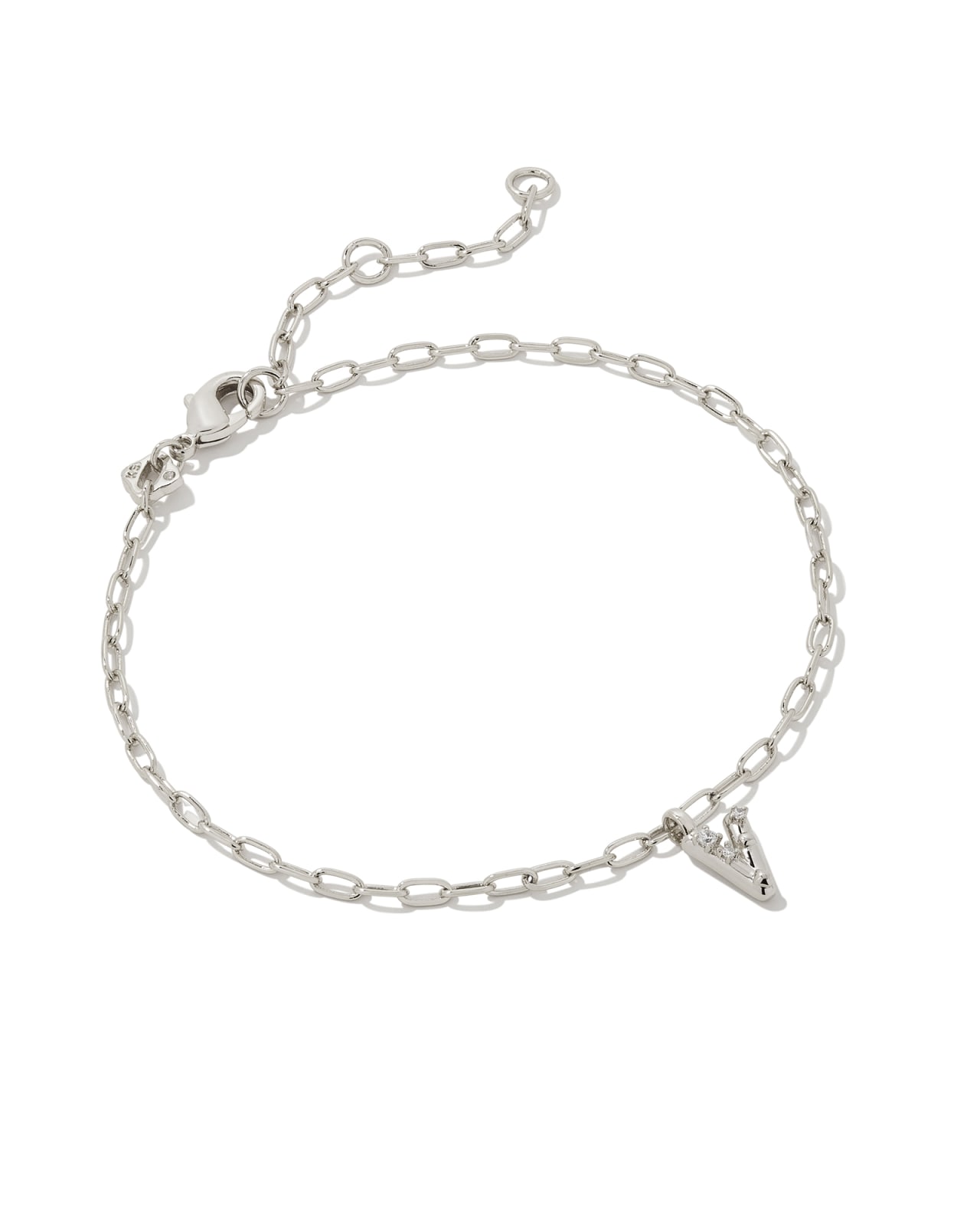 Crystal Letter V Silver Delicate Chain Bracelet in White Crystal