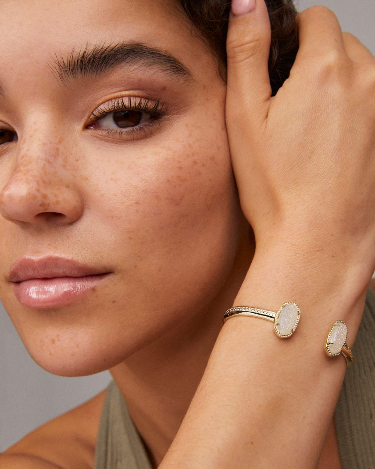 Elton Gold Cuff Bracelet in White Kyocera Opal