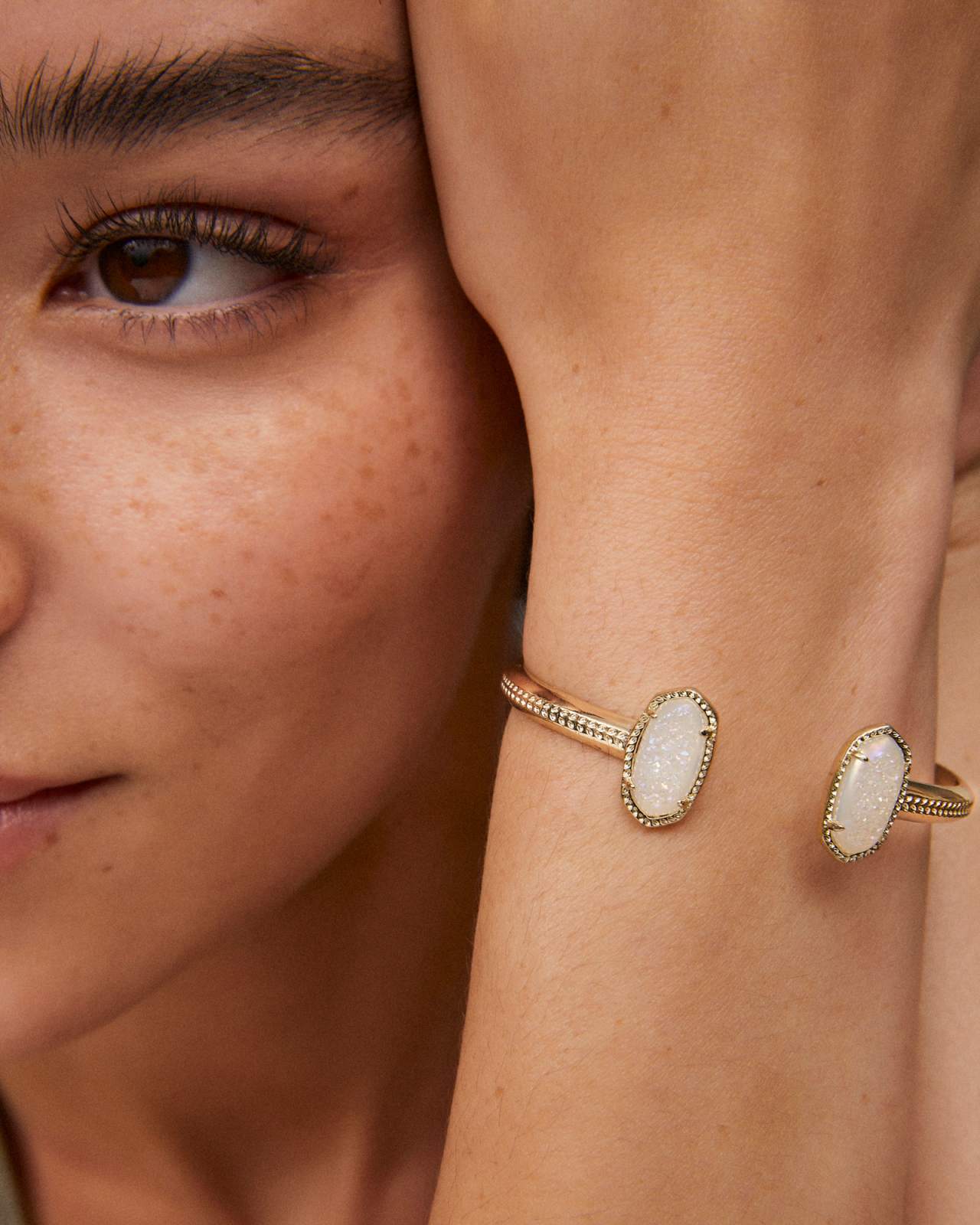 Elton Gold Cuff Bracelet in White Kyocera Opal