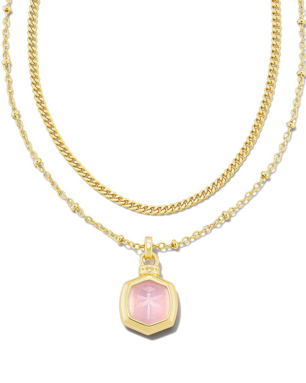 Davie Intaglio Gold Multi Strand Necklace in Pink Opalite Glass Dragonfly image number 0