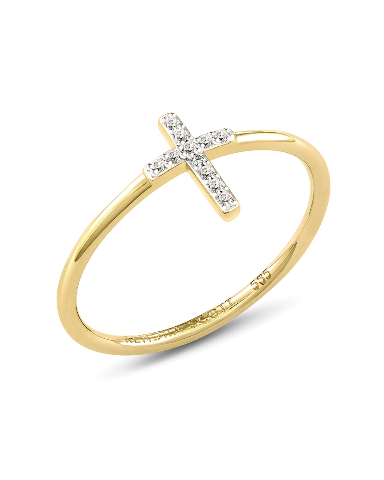 Cross 14k Yellow Gold Band Ring in White Diamond