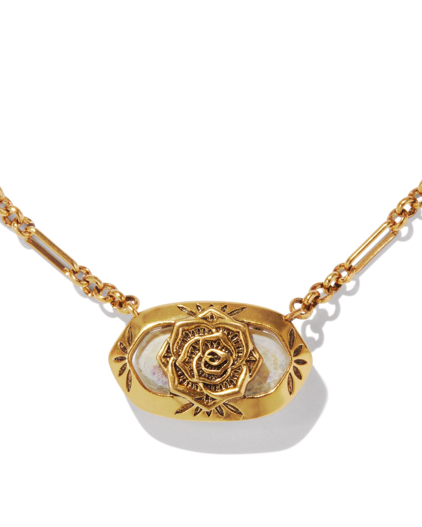 Elisa Vintage Gold Etch Frame Short Pendant Necklace in Iridescent Abalone