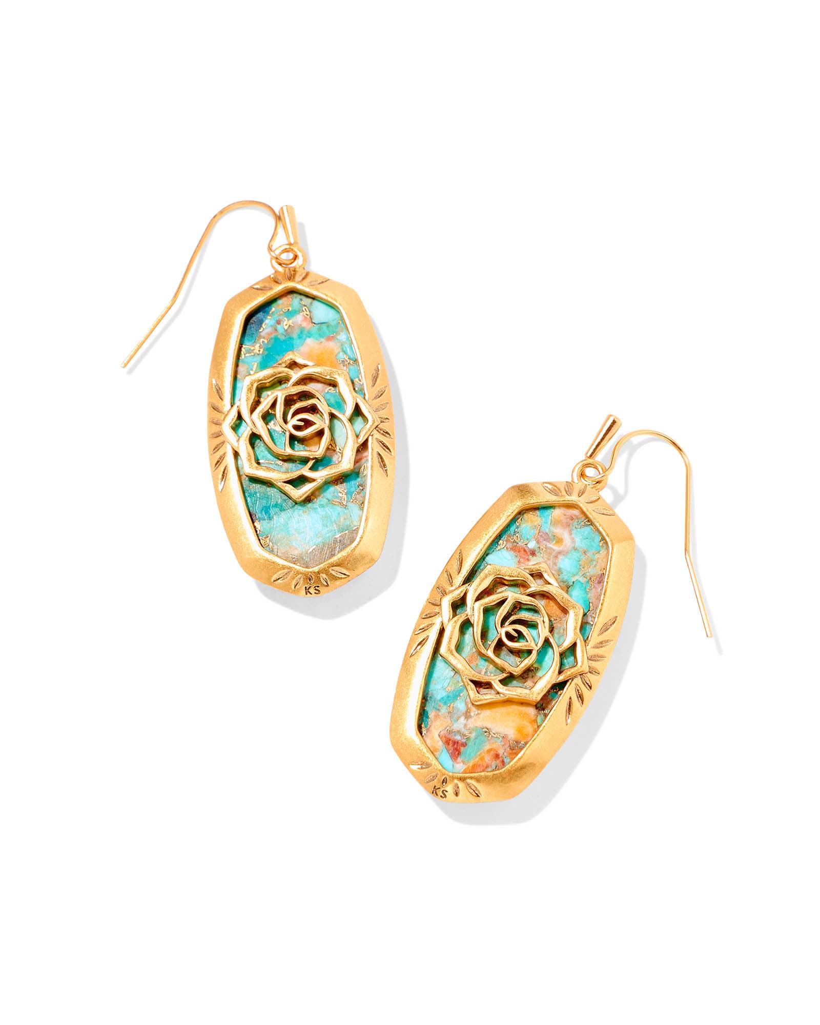 Elle Vintage Gold Etch Frame Drop Earrings in Bronze Veined Turquoise Magnesite Red Oyster