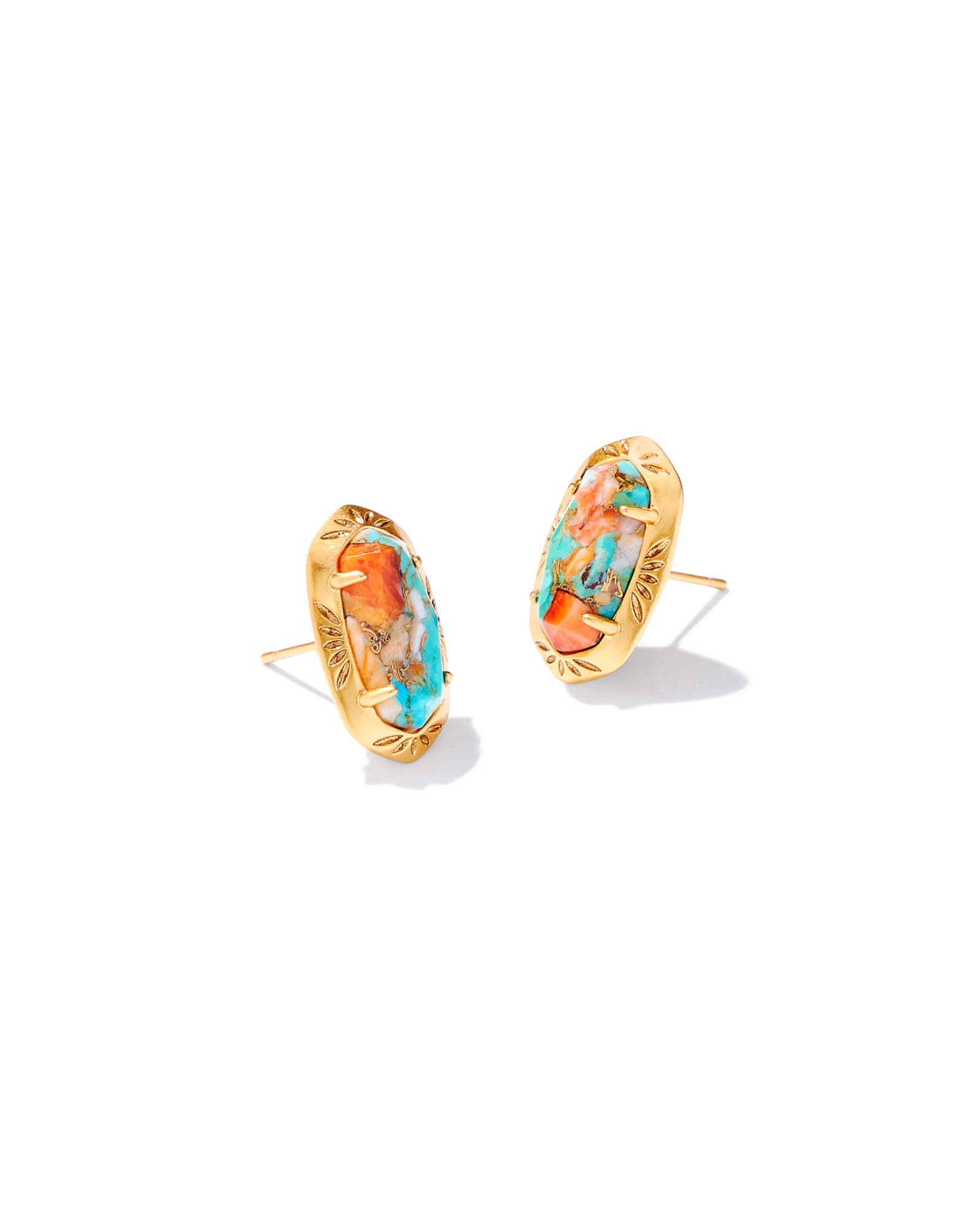 Ellie Vintage Gold Etch Frame Stud Earrings in Bronze Veined Turquoise Magnesite Red Oyster
