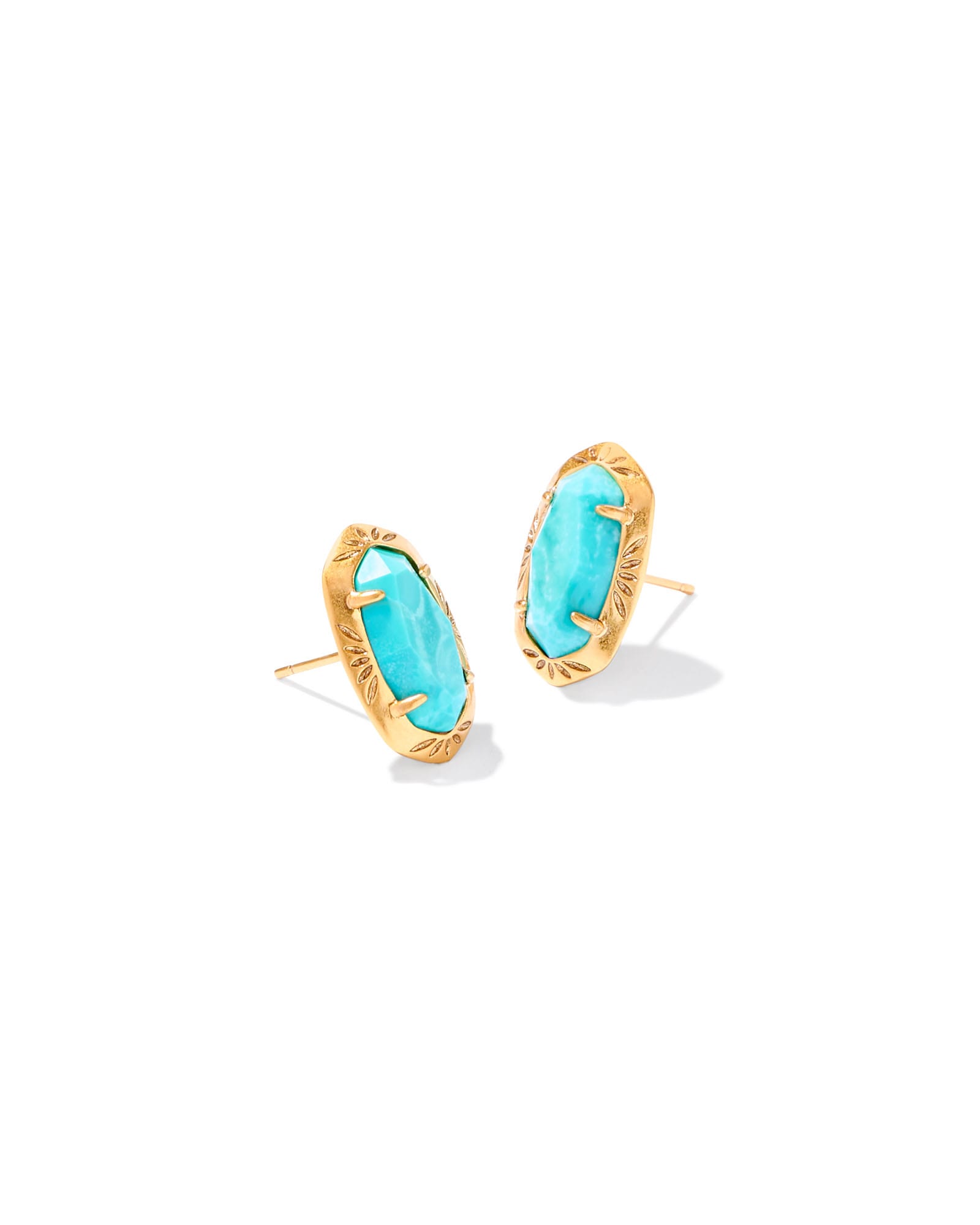 Ellie Vintage Gold Etch Frame Stud Earrings in Variegated Turquoise  Magnesite