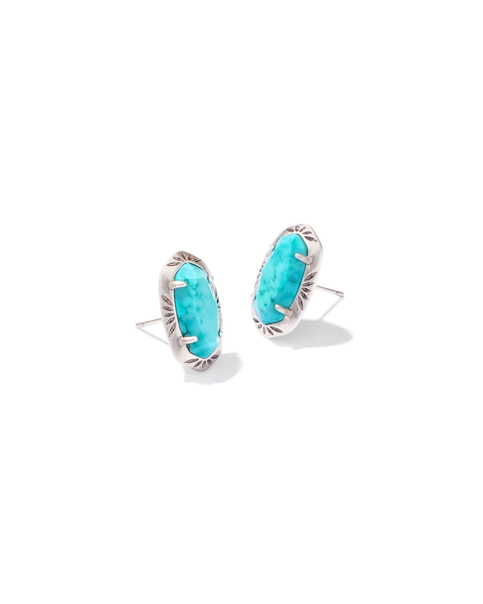 Ellie Vintage Silver Etch Frame Stud Earrings in Variegated Turquoise Magnesite