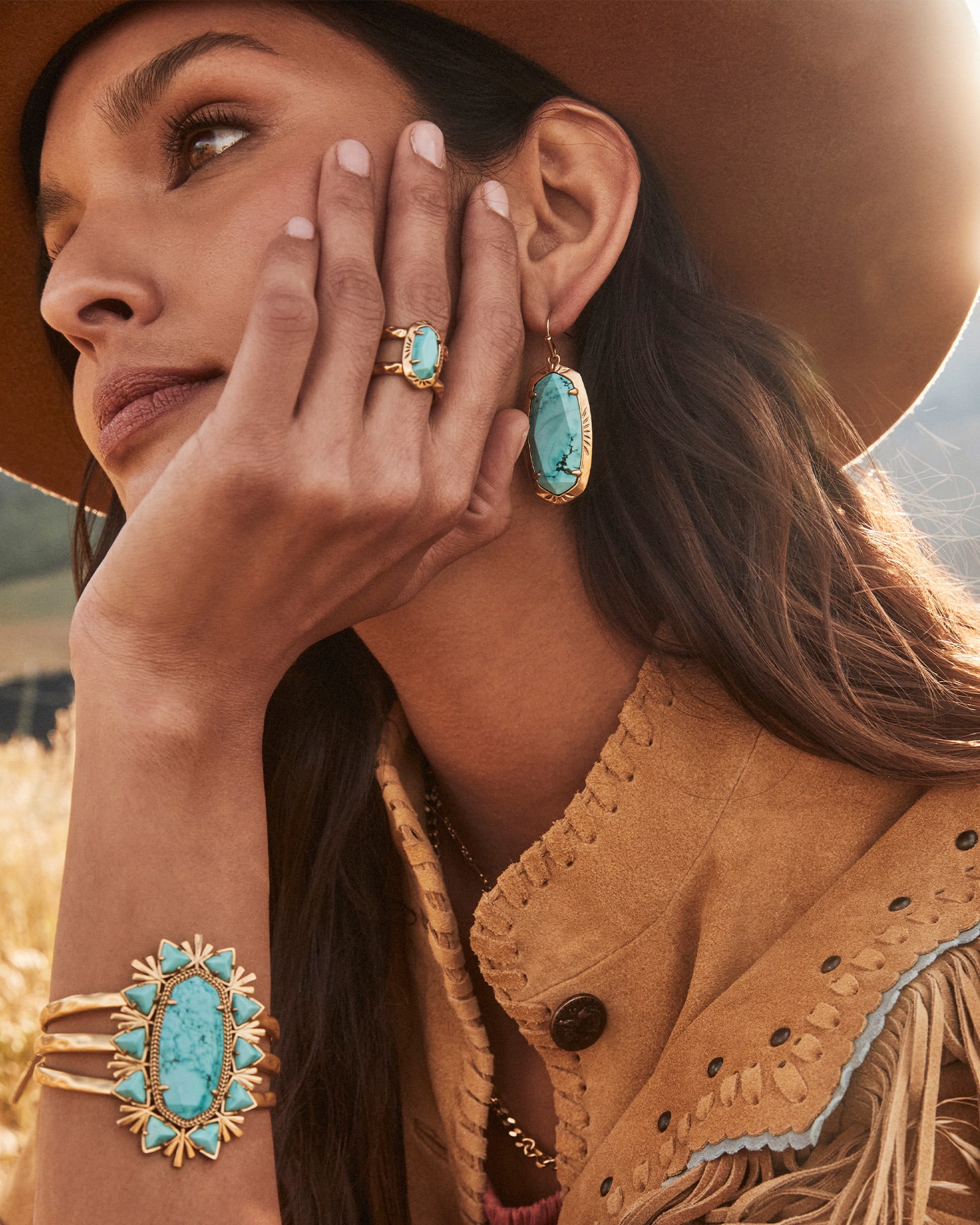 Elle Vintage Gold Etch Frame Drop Earrings in Variegated Turquoise Magnesite