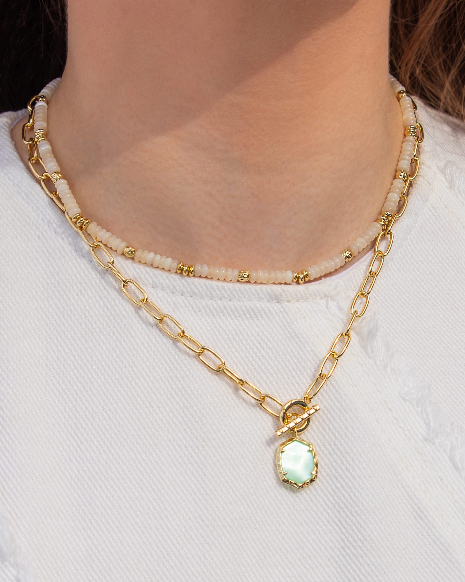 Daphne Convertible Gold Link and Chain Necklace in Light Green Mother-of-Pearl