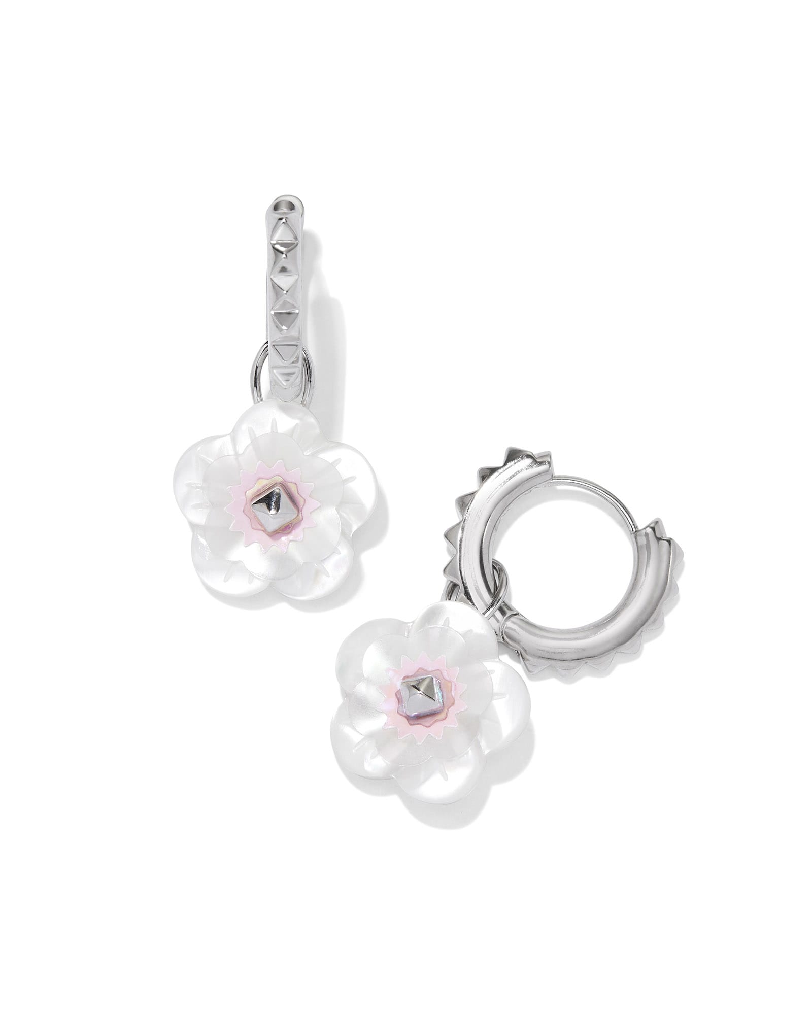 Deliah Convertible Silver Huggie Earrings in Iridescent Pink White Mix