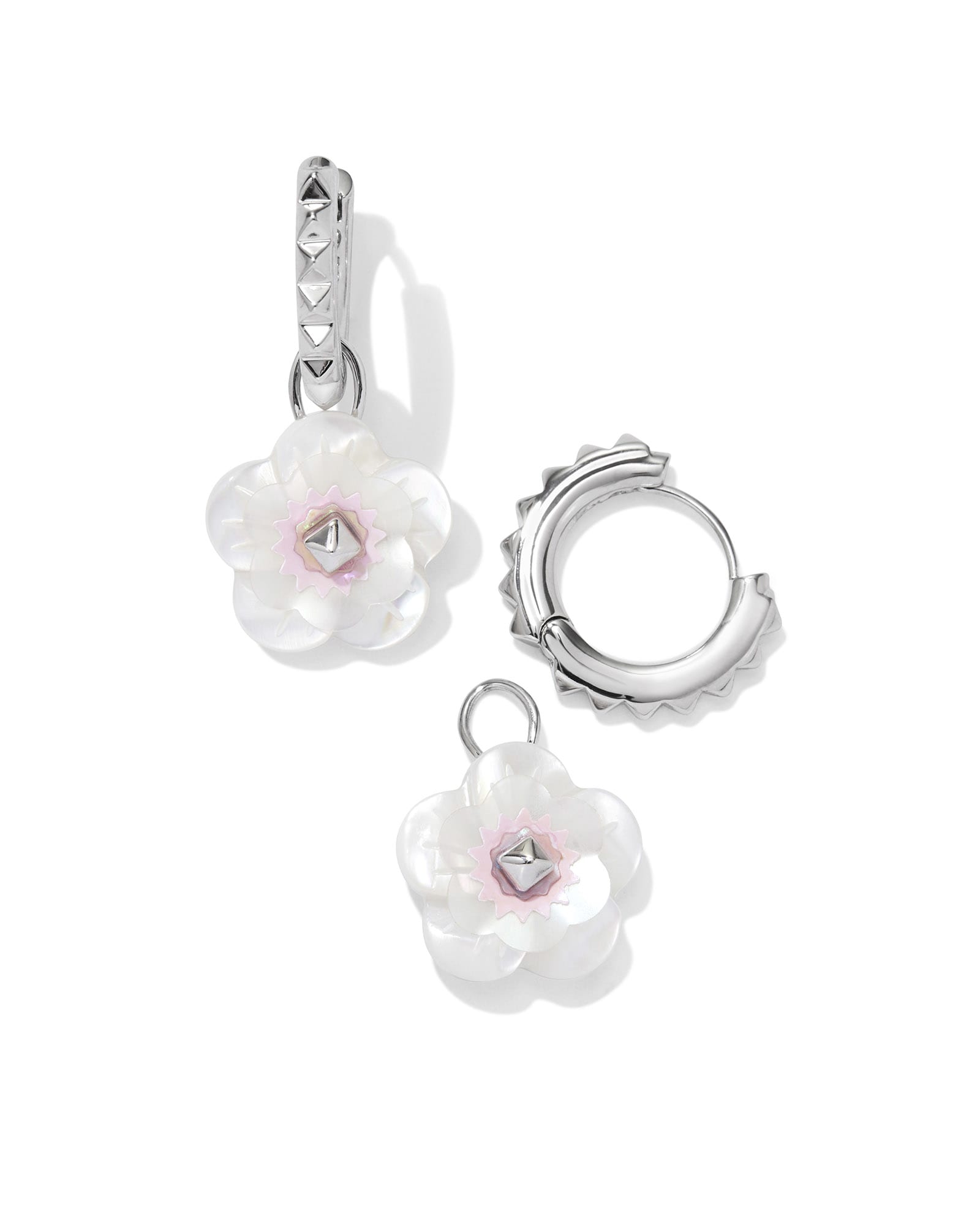 Deliah Convertible Silver Huggie Earrings in Iridescent Pink White Mix