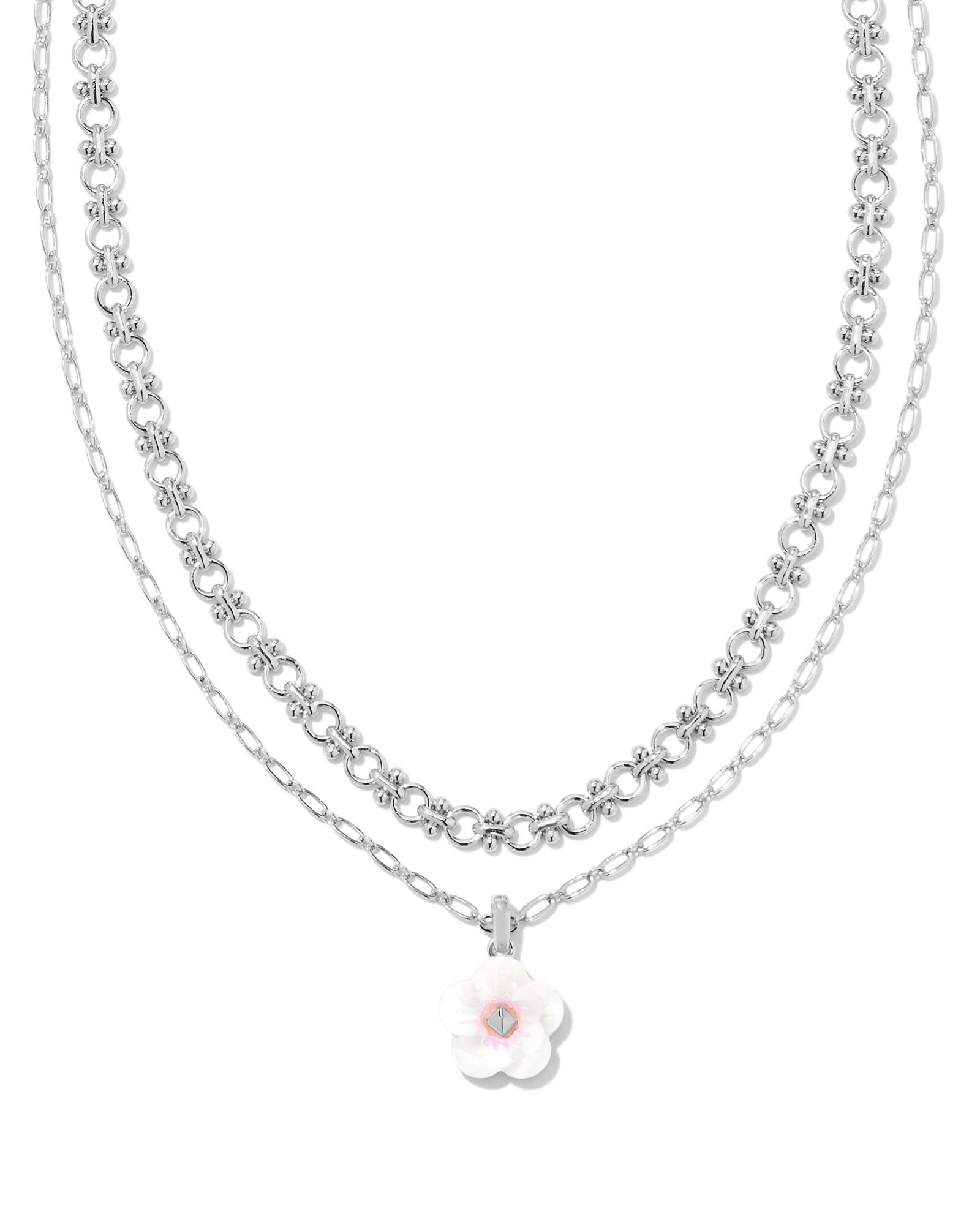 Deliah Silver Multi Strand Necklace in Iridescent Pink White Mix