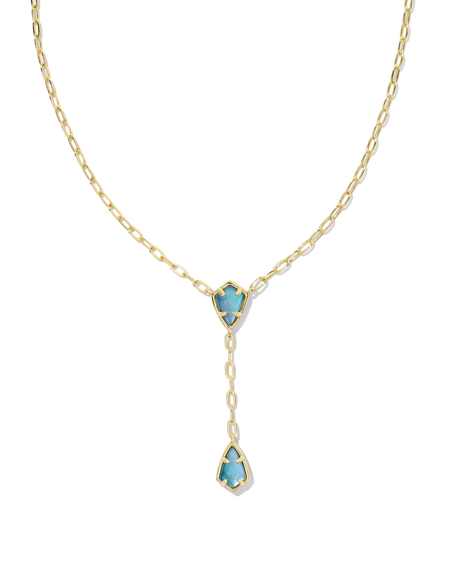 Camry Gold Y Necklace in Indigo Watercolor Illusion