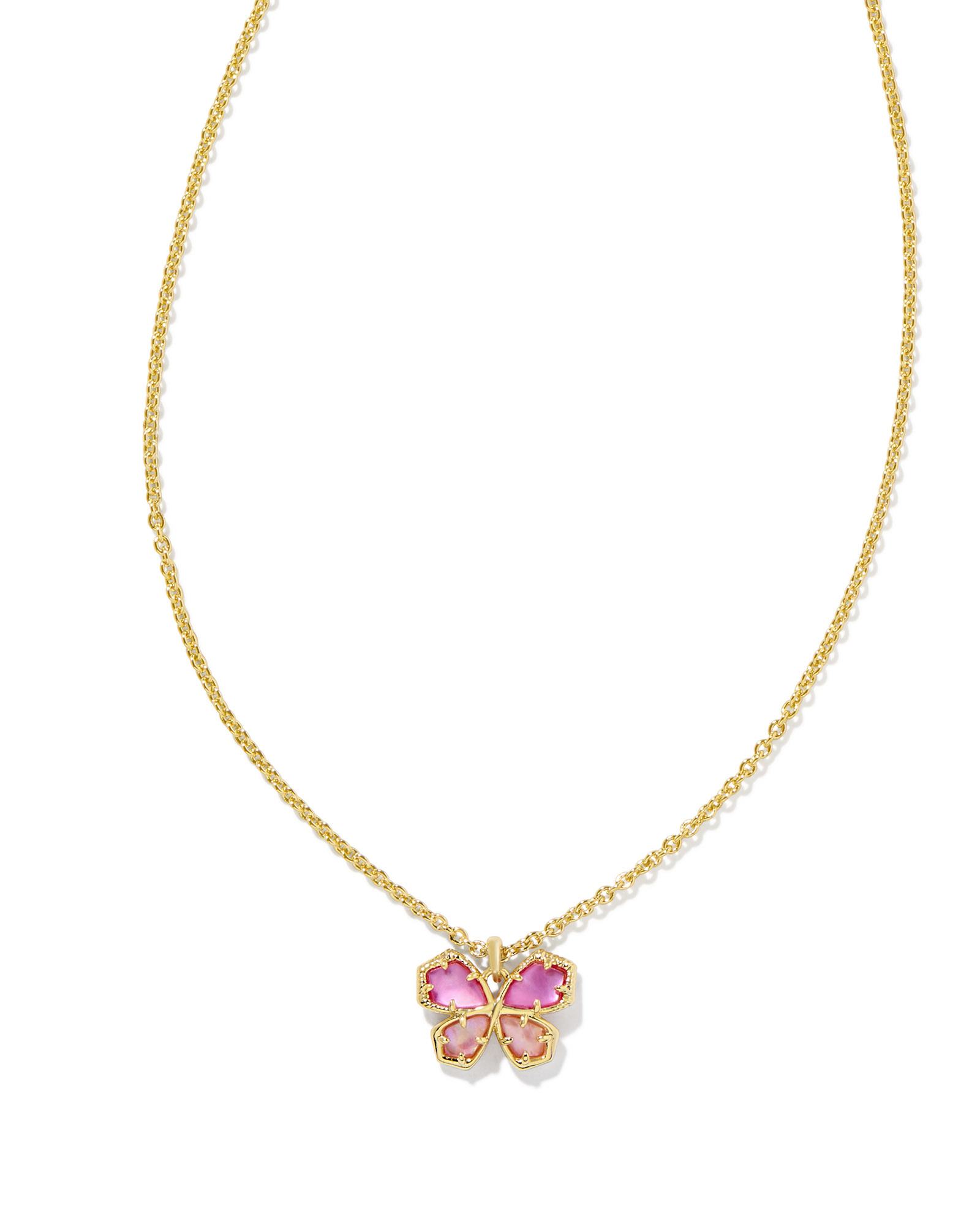 Mae Gold Butterfly Short Pendant Necklace in Azalea Pink Mix