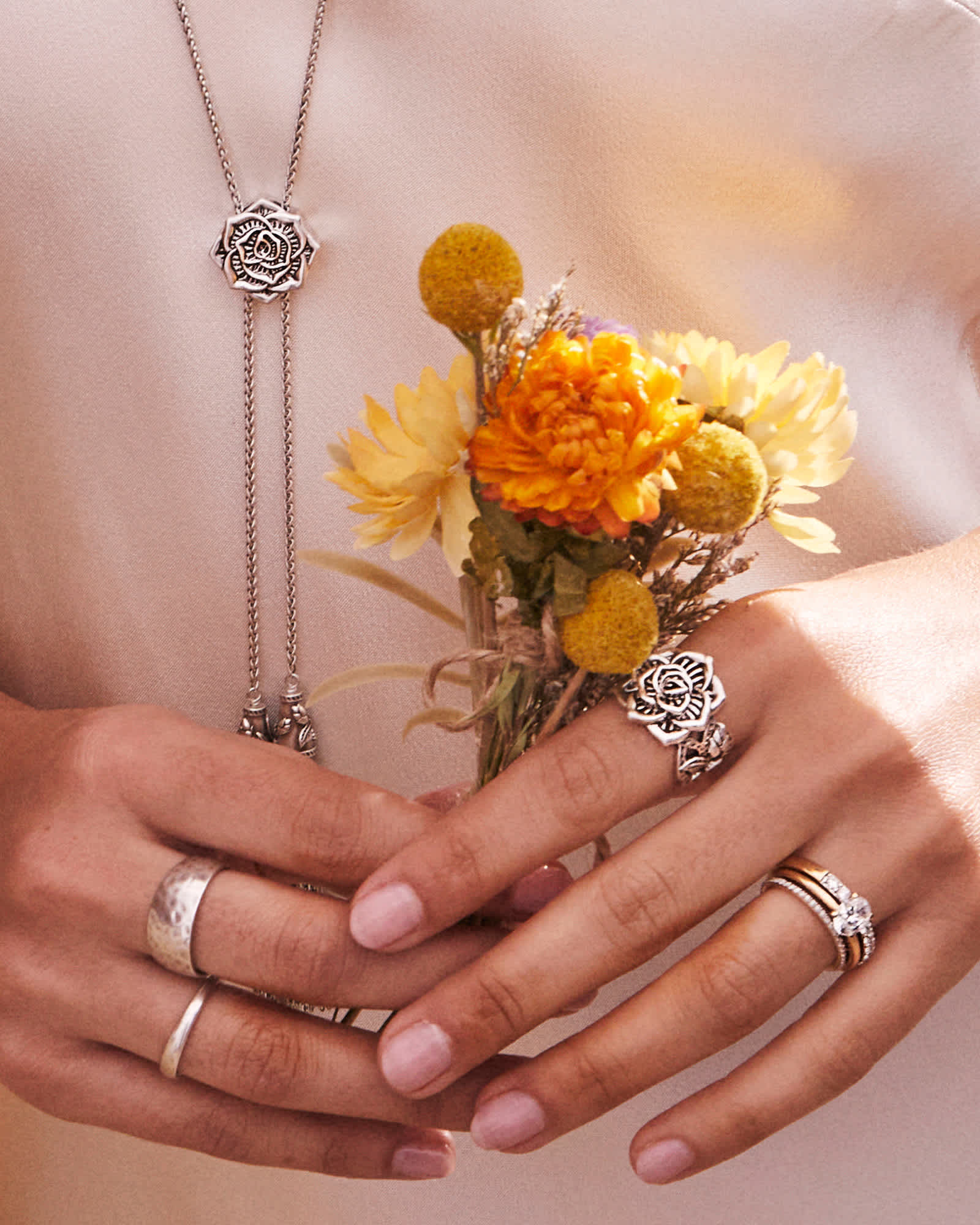 Ansel Rose Bolo Necklace in Vintage Silver