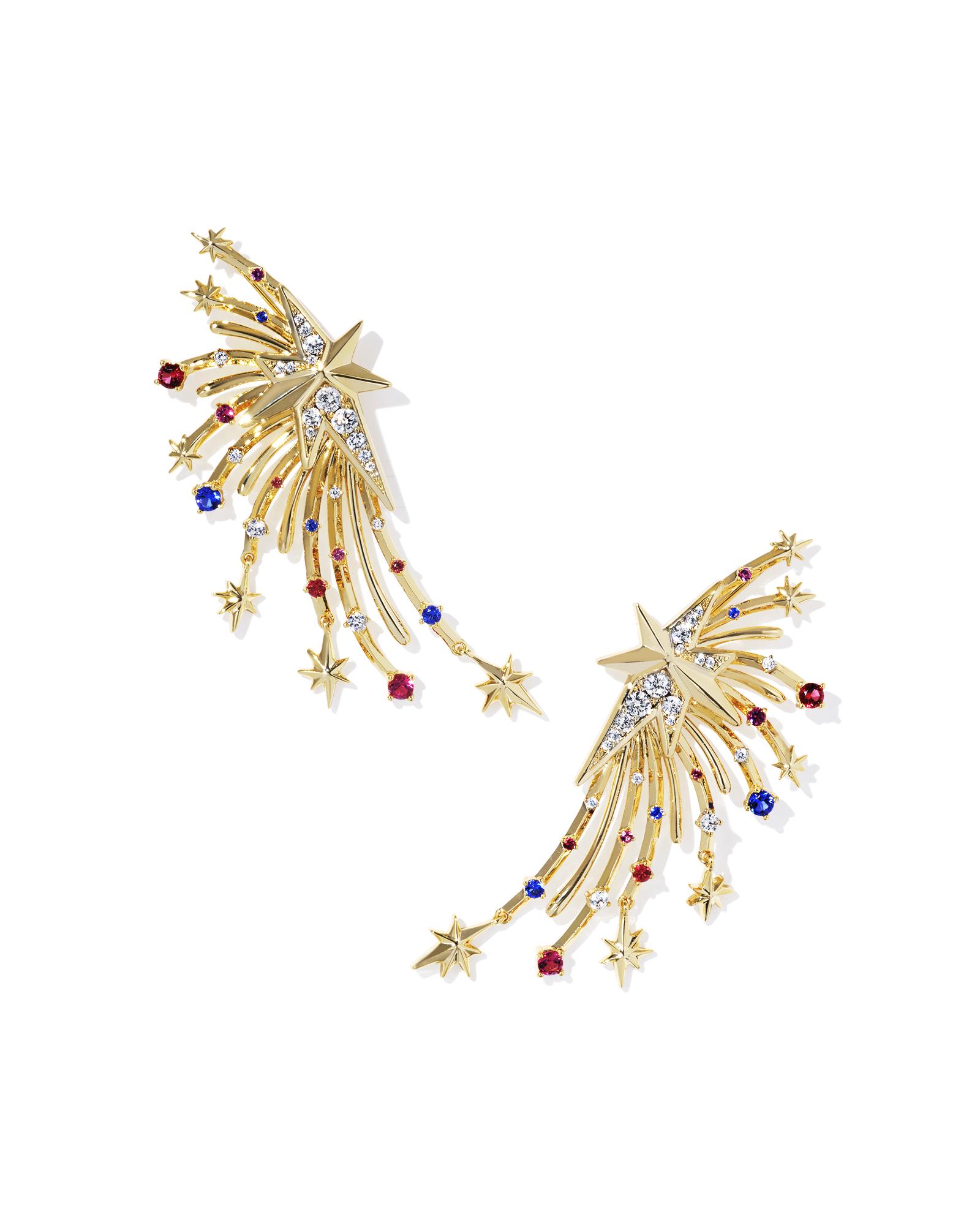 Firework Gold Statement Earrings in Red White Blue Mix