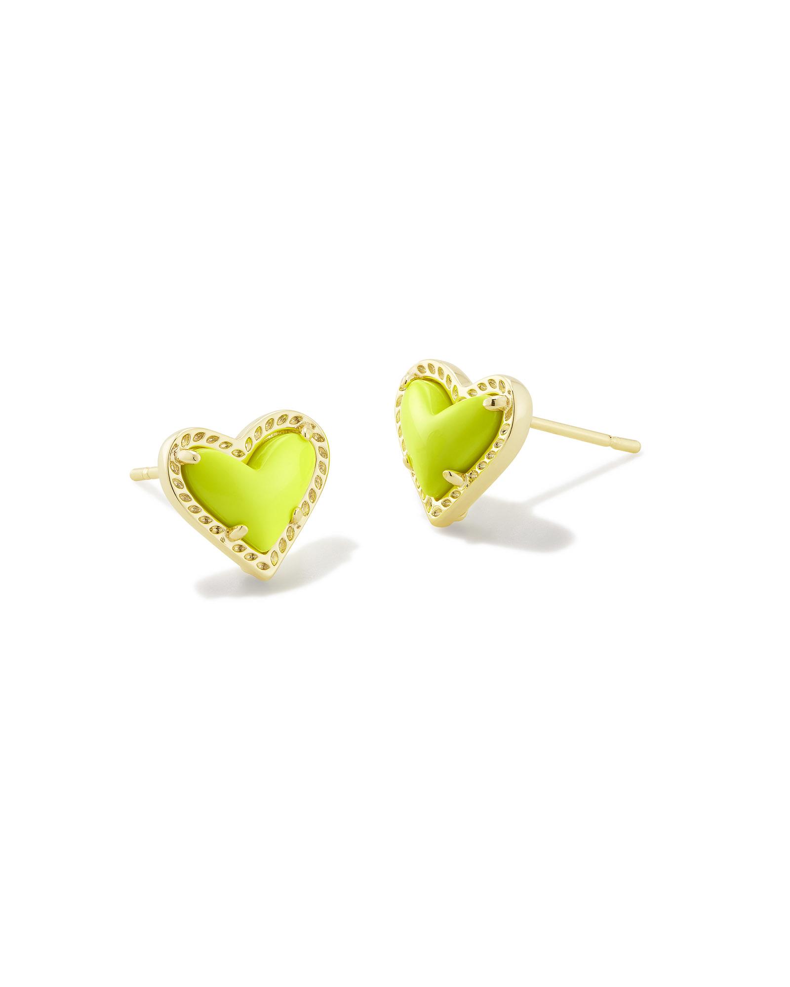 Ari Heart Gold Stud Earrings in Chartreuse Magnesite