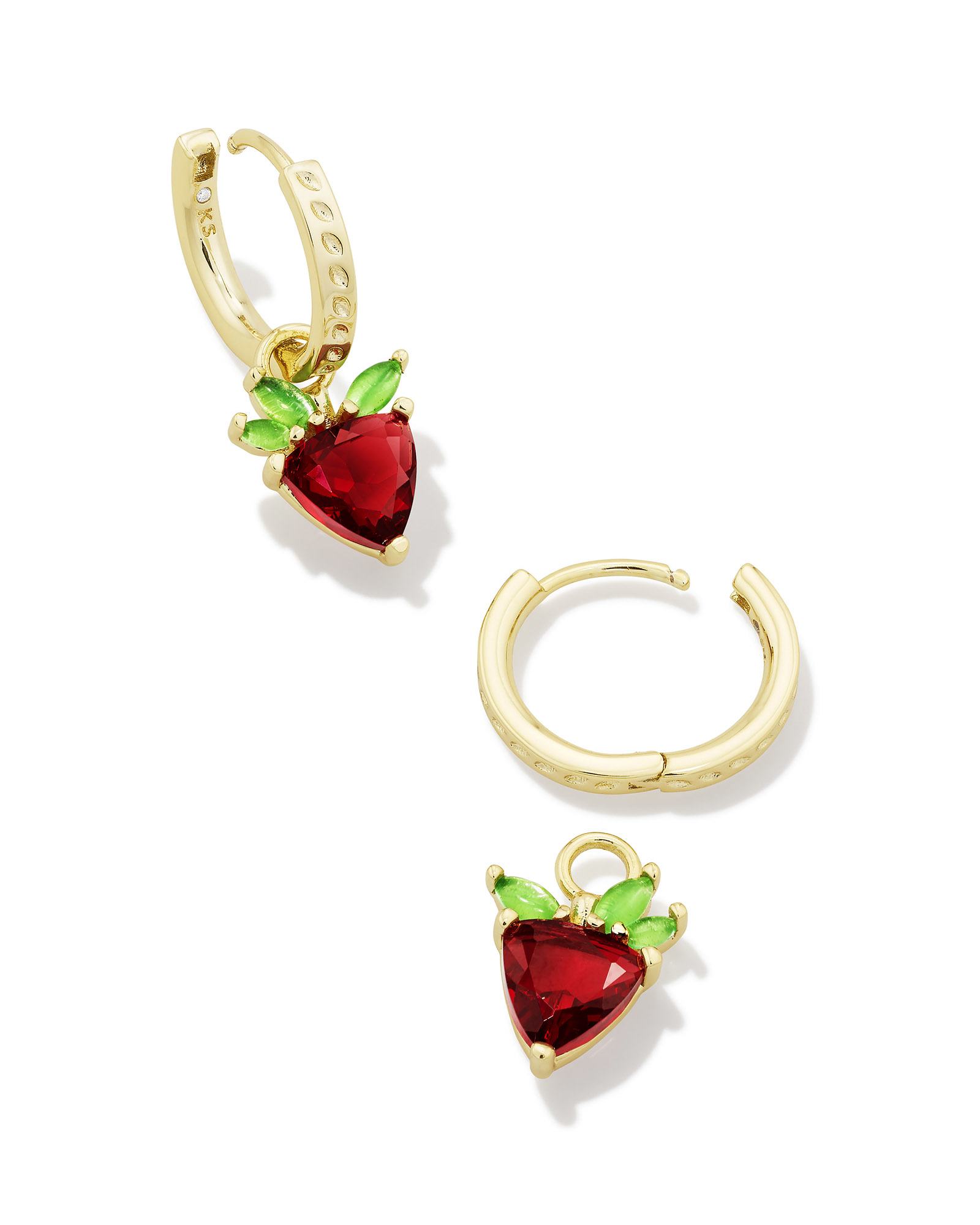 Strawberry Gold Huggie Earrings in Dark Pink Crystal