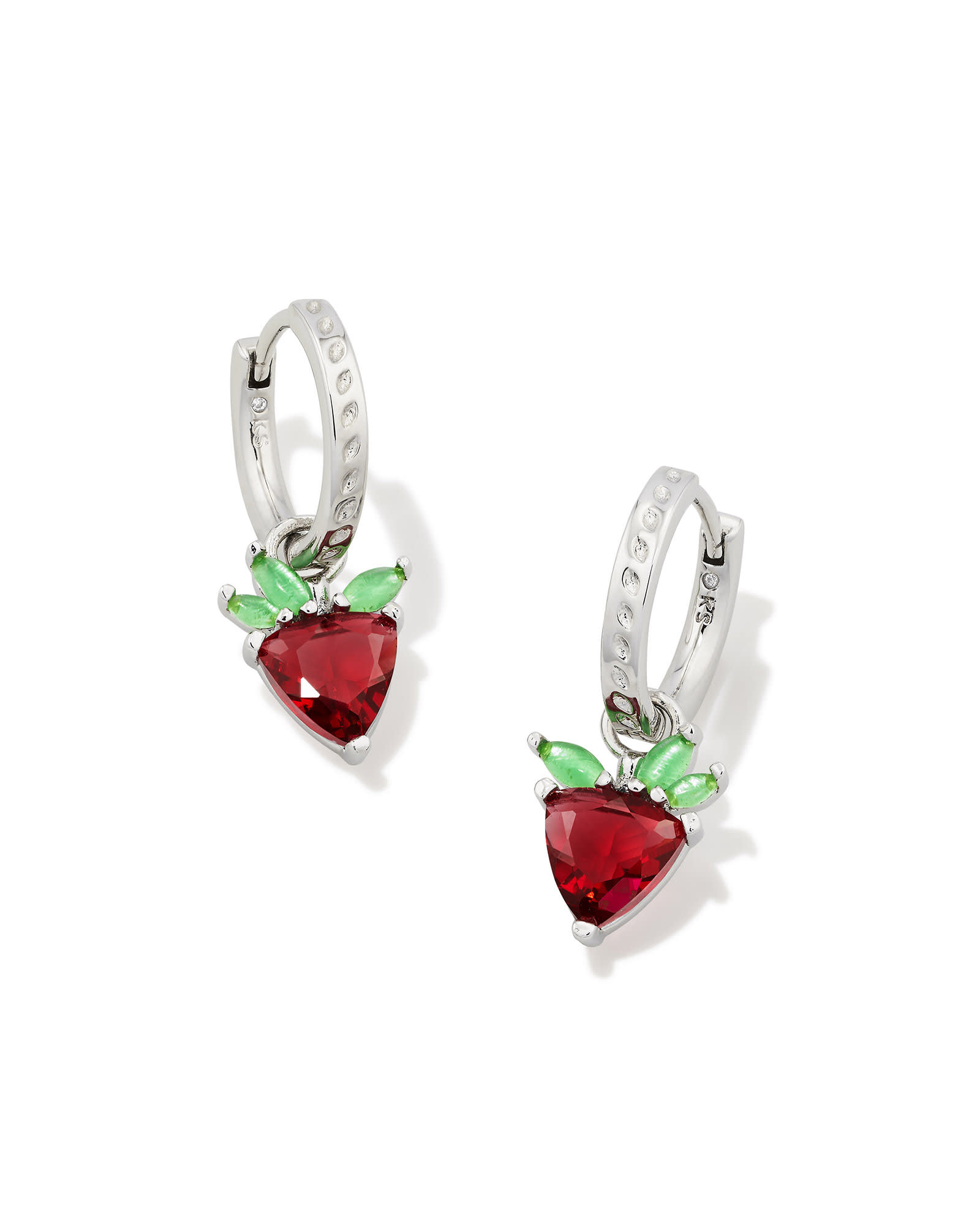 Strawberry Silver Huggie Earrings in Dark Pink Crystal