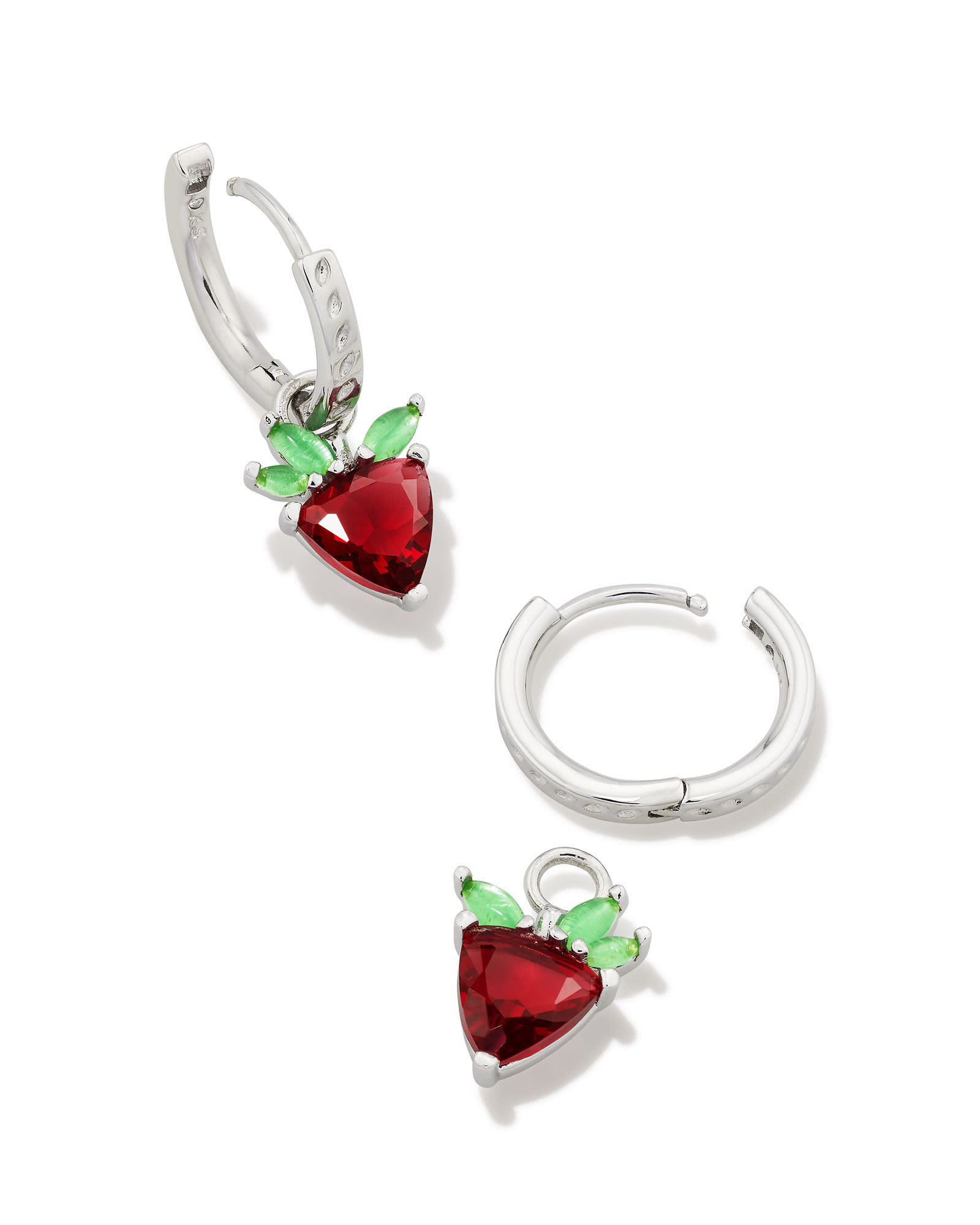 Strawberry Silver Huggie Earrings in Dark Pink Crystal