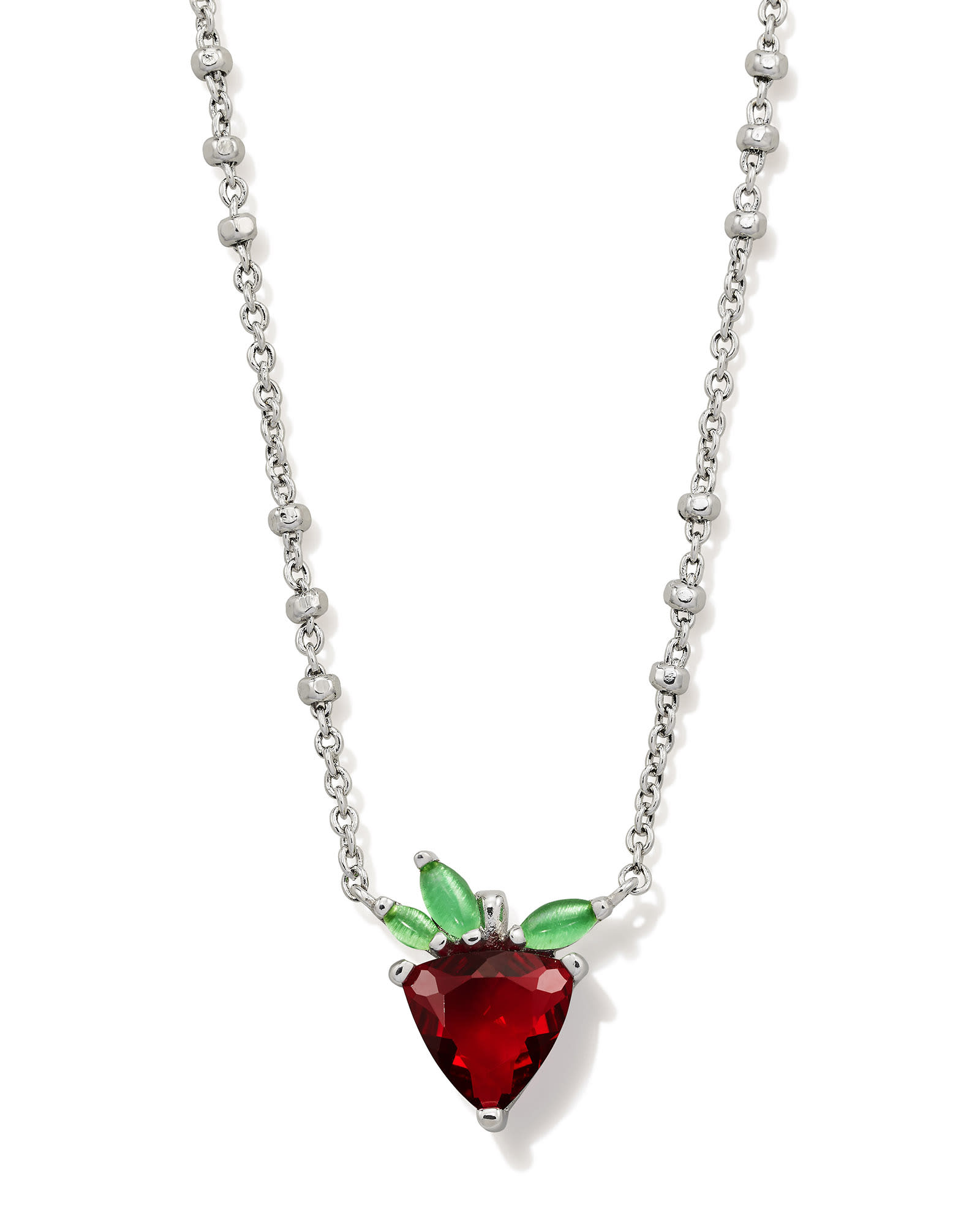 Strawberry Silver Short Pendant Necklace in Dark Pink Crystal