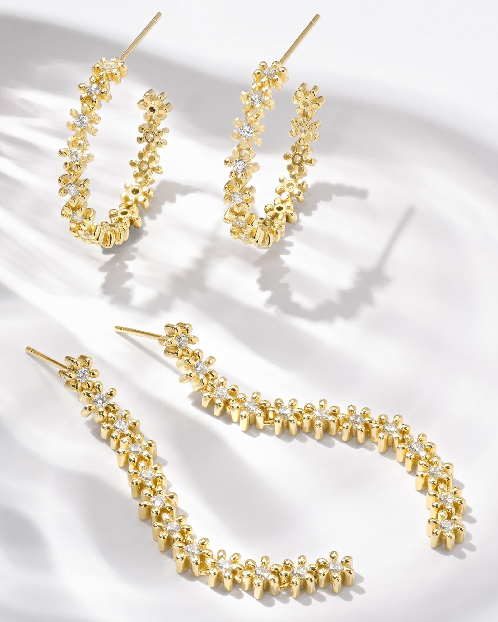 Nydia Gold Hoop Earrings in White Crystal