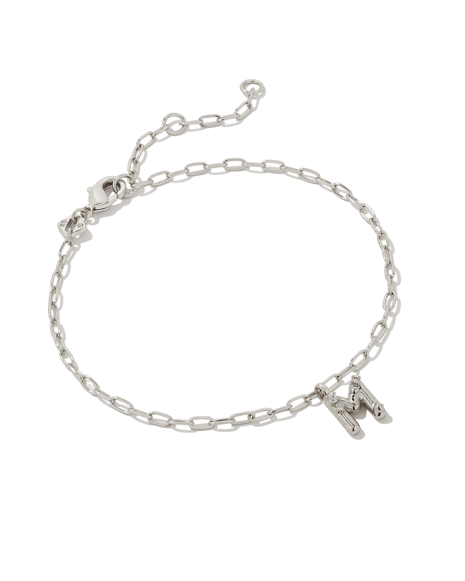 Crystal Letter M Silver Delicate Chain Bracelet in White Crystal