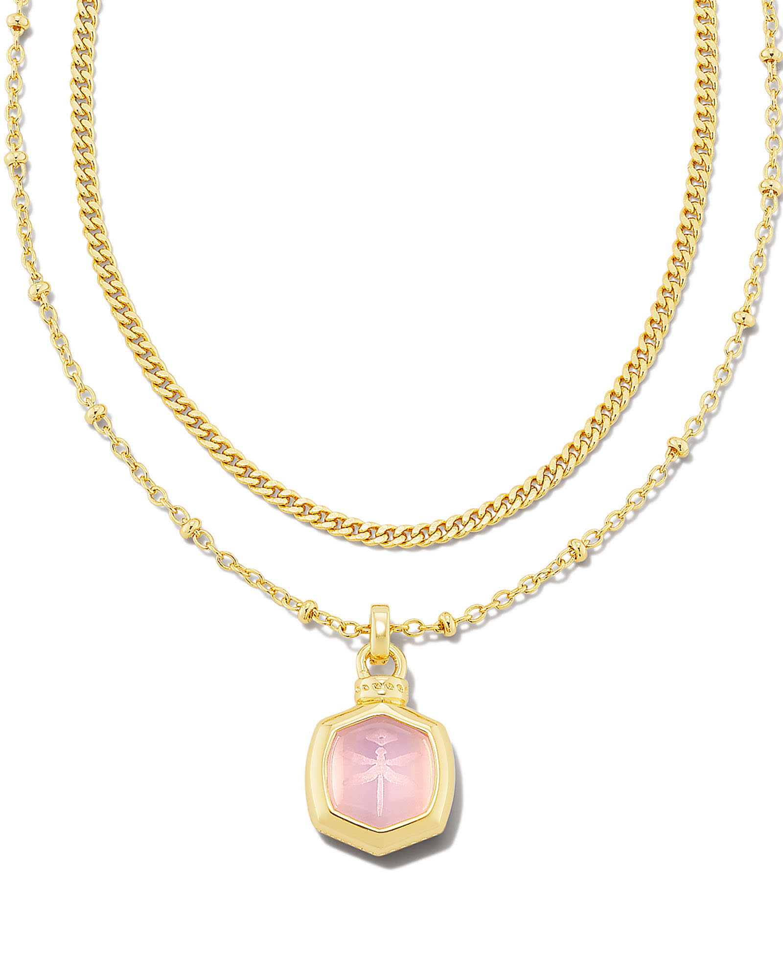 Davie Intaglio Gold Multi Strand Necklace in Pink Opalite Glass Dragonfly