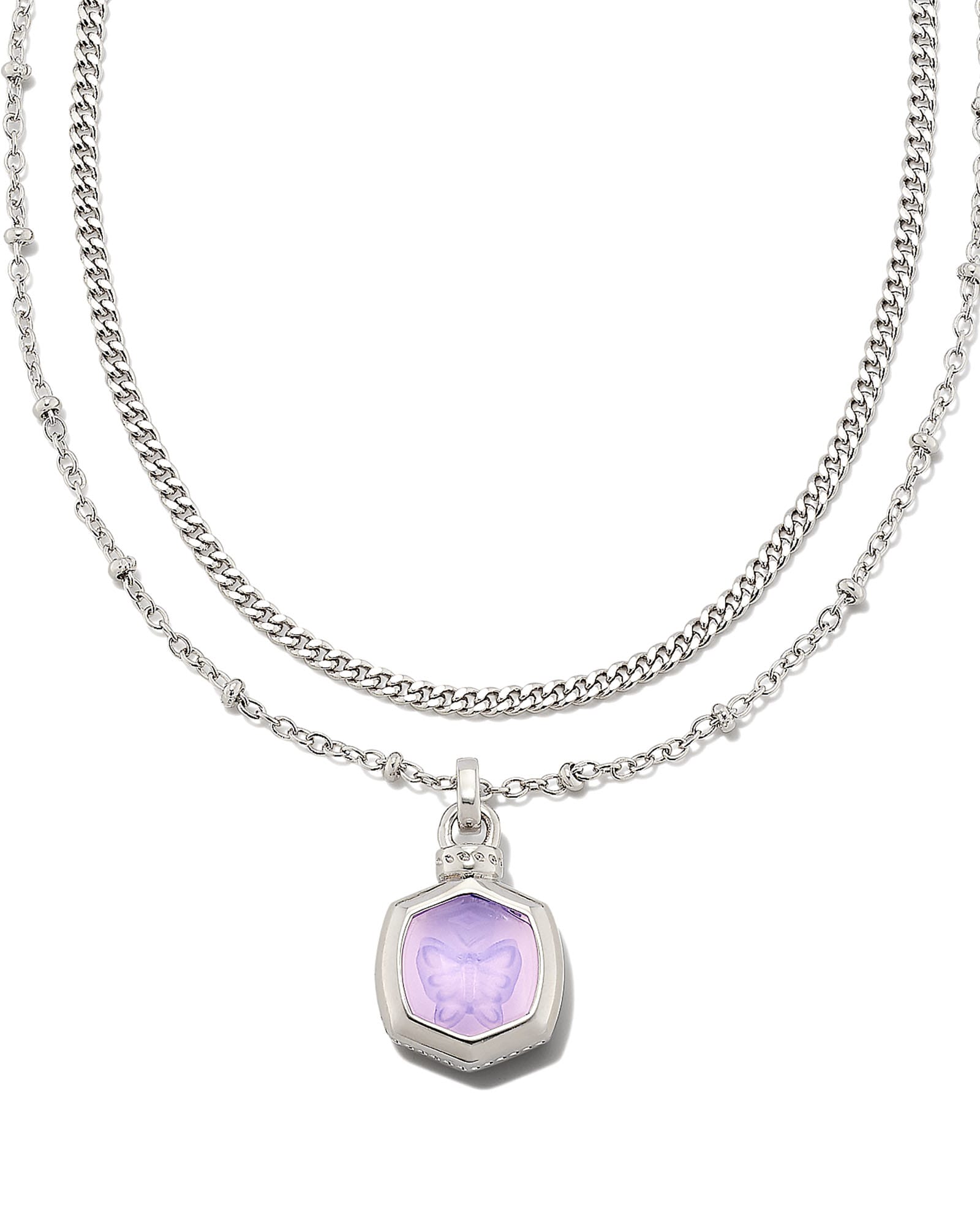 Davie Intaglio Silver Multi Strand Necklace in Lavender Opalite Glass Butterfly