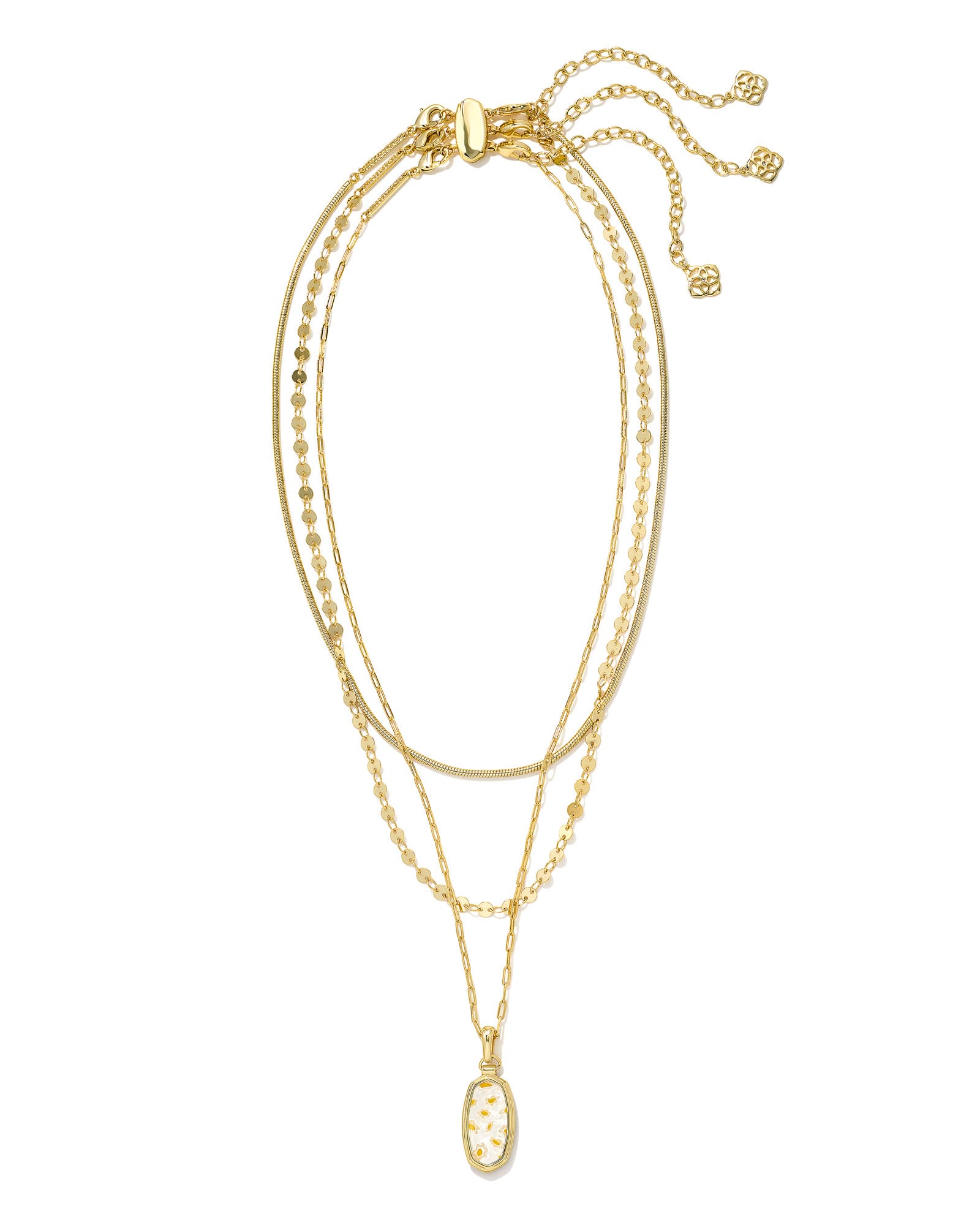 Framed Dani Convertible Gold Triple Strand Necklace in White Mosaic Glass