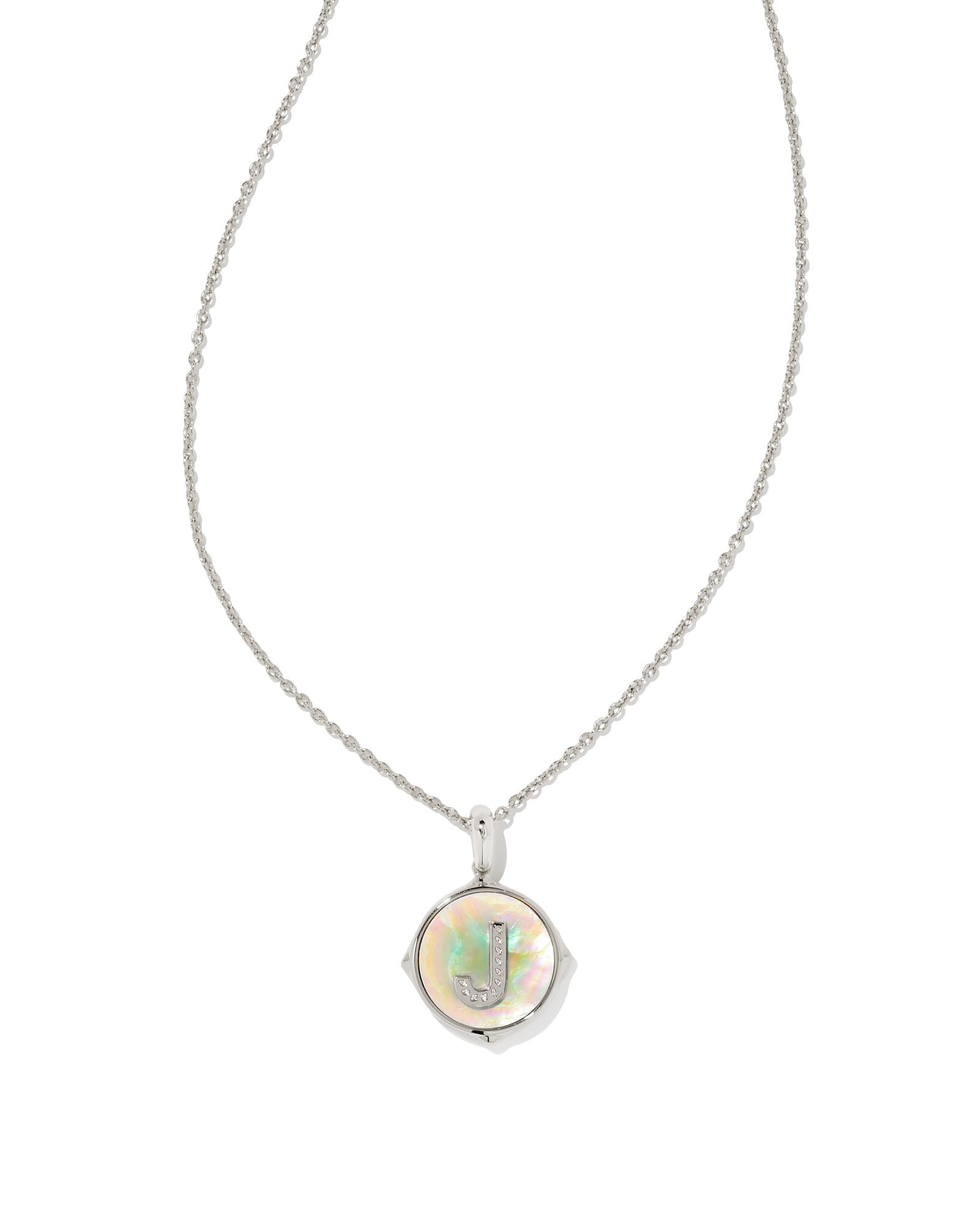 Letter J Silver Disc Reversible Pendant Necklace in Iridescent