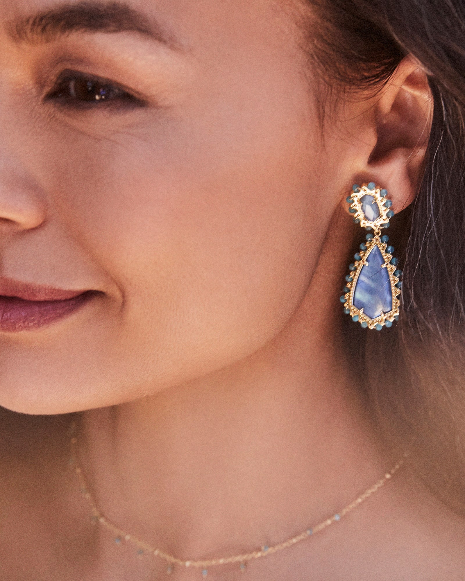 Beaded Camry Gold Statement Earrings in Blue Mix