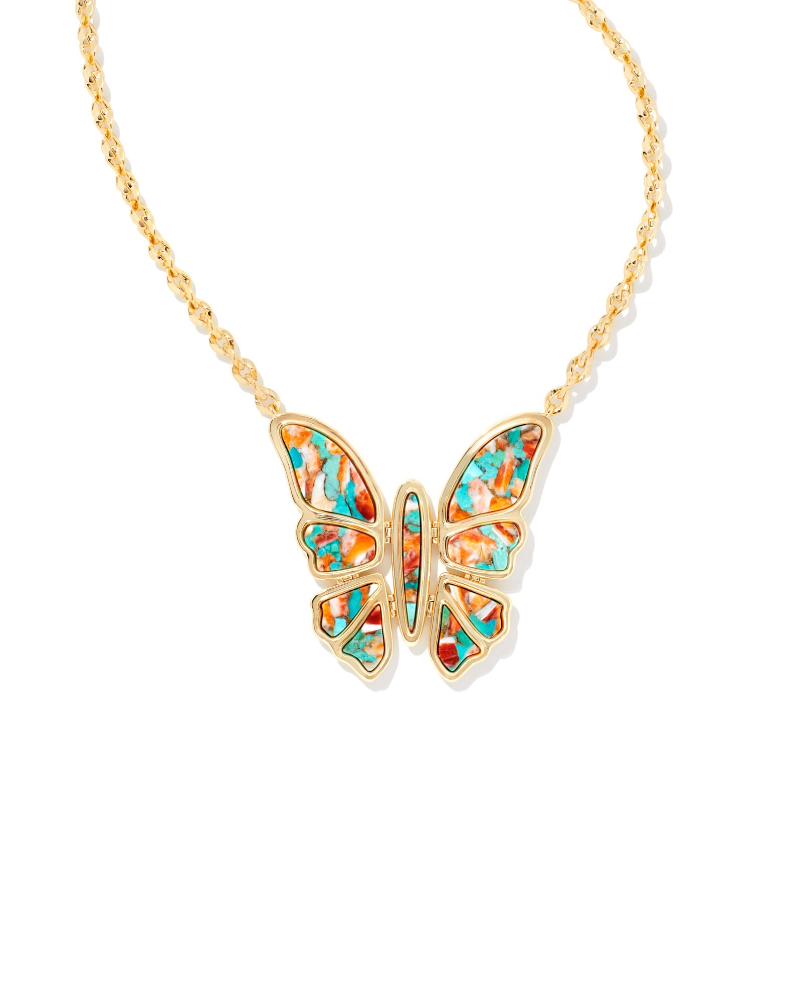 Ember Gold Butterfly Statement Necklace in Bronze Veined Turquoise Magnesite Red Oyster
