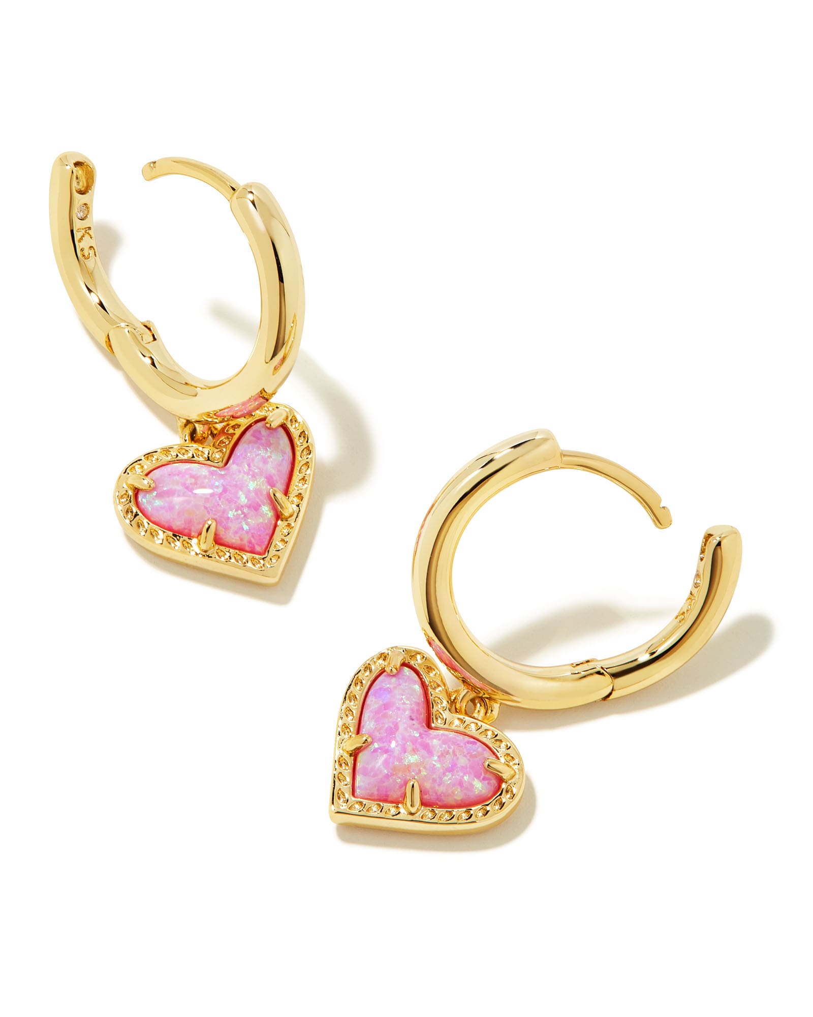 Ari Heart Gold Huggie Earrings in Bubblegum Pink Kyocera Opal