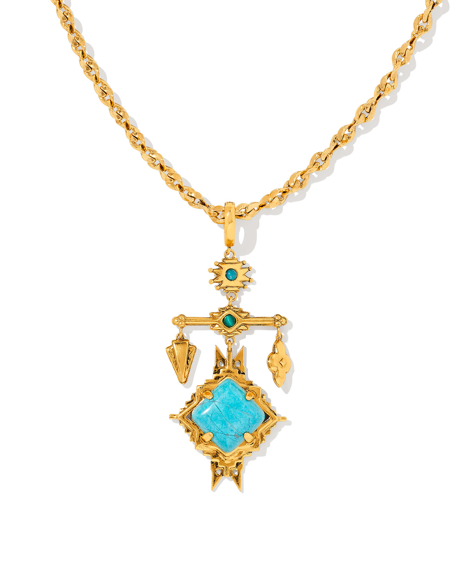 Cass Vintage Gold Large Long Pendant Necklace in Variegated Dark Teal Magnesite
