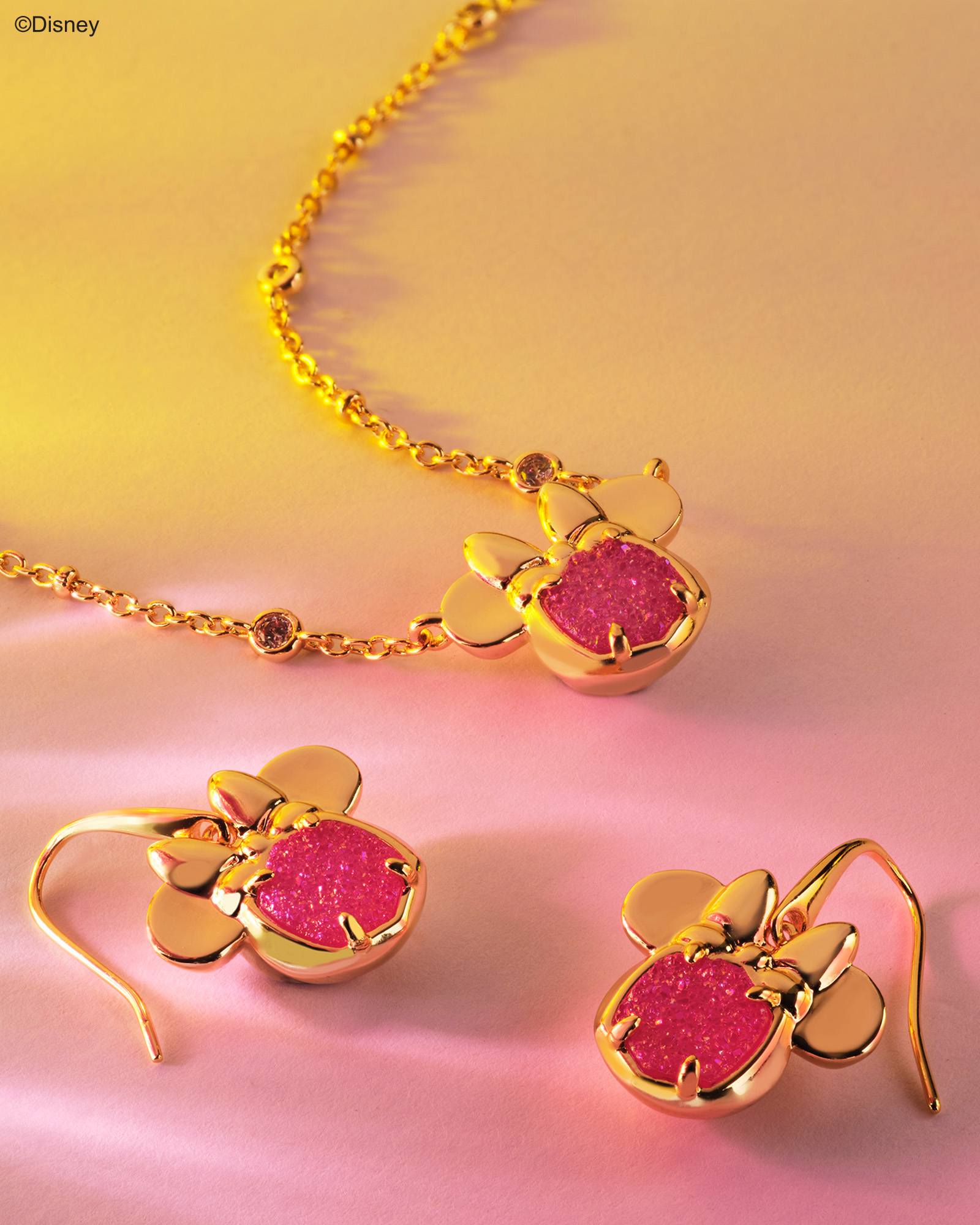Disney | Kendra Scott Gold Minnie Mouse Drop Earrings in Hot Pink Drusy